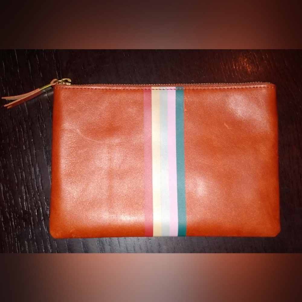 Madewell Leather With Stripes Multi Compartment Zippered Clutch/Pouch